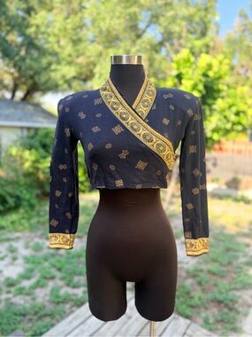 Vintage 80s 90s Contempo Casuals Gold Trimmed Wrap Crop Top
